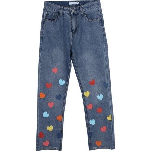 Blue Baggy Trousers Harajuku Mom High Waisted Denim Pants Vaqueros Mujer Women Fall Colorful Heart Print Jeans 90s Streetwear