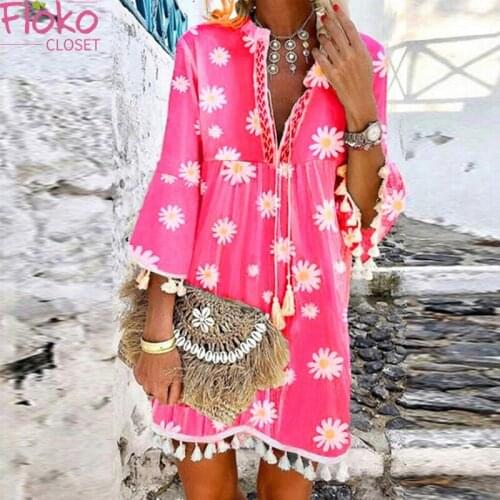 Flokocloset Summer Daisy Print V-Neck Mini Dresses Casual Loose 3/4 Sleeve Tassel Party Beach Boho Sundress
