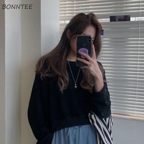 Hoodies Women Loose Cropped Solid O-Neck Leisure Student All-match Simple Fashion Lazy Female Sweatshirts Daily Autumn Ulzzang