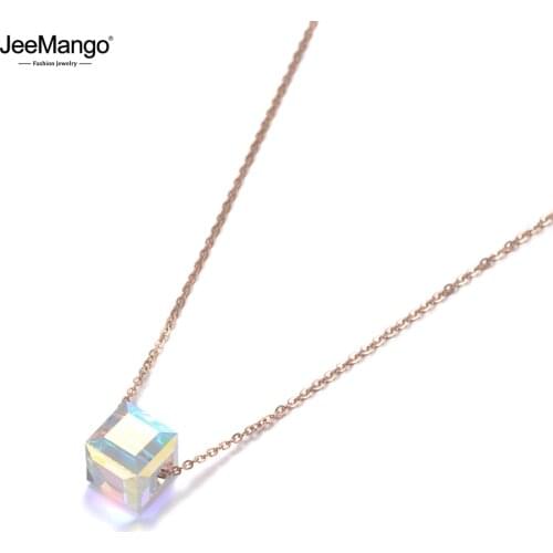 JeeMango Trendy Sparkling Square CZ Crystal Pendant Necklace For Women Rose Gold Titanium Stainless Steel Charm Necklace JN19130