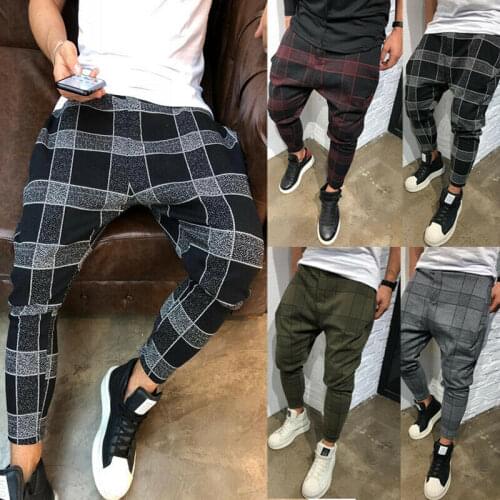 Mens Fashion Casual Contrast Color Plaid Pants Tracksuit Bottoms Harem Pants Jogging Pants Black Gray Red Army Green