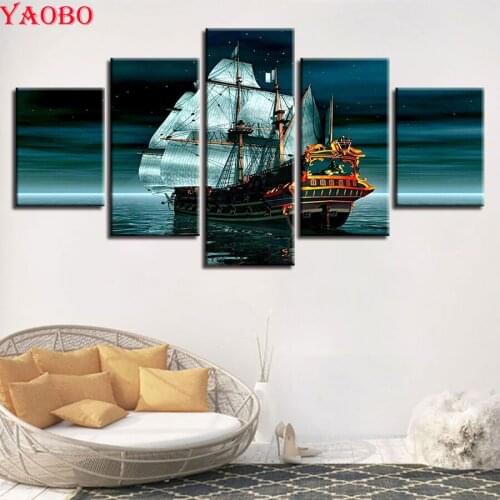 Diy diamond embroidery 5 Panel sailing seaview diamond mosaic modular picture 5d diamond painting cross stitch wall decor