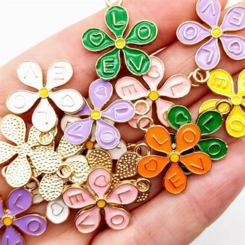 Set of 10/20 Gorgeous Flower Charms with Love Letter Enamel Summer Pendants Daisy Gold-tone Flower Pearlized Shiny Petals