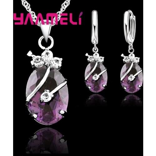 New Fashion Vintage Jewelry Sets For Women 925 Sterling Silver Crystal Stone Pendant Charms Wedding Necklace Hoop Earrings