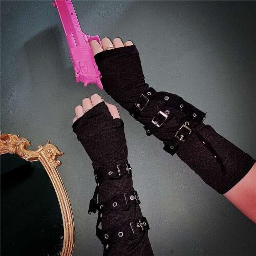 1 Pair Cool Black Punk Unisex Fingerless Gloves Adjustable Cuff with 3 Buckles Ninja Elbow Length Gothic Mittens Lady Arm Warmer