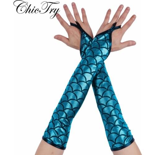 Fashion Womens Elbow Length Shimmery Metallic/Fish Scales Printed Fingerless Gloves Costume Night Club Dancewear Party Favors