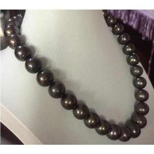 Stunning huge 11-12mm Tahitian round black pearl necklace 18inch 14k/20
