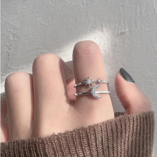 925 Sterling Silver Sweet And Romantic Double Layer Star Moon Opening Finger Ring For Women Wedding Silver Ring Jewelry S-R798
