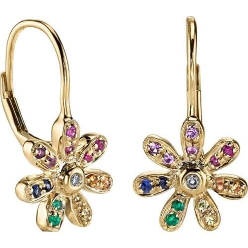 Rainbow colorful cz paved dainty flower spring clasp earring Gold Silver color wholesale price