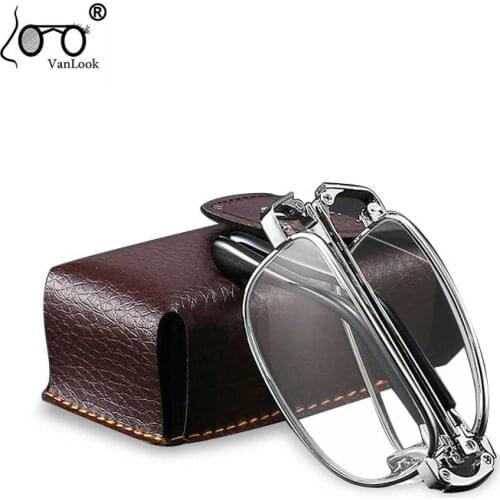 Foldable Reading Glasses Men Metal Rectangle Eyeglasses Frames Crystal Optics Lens Women Spectacle With Case VANLOOK 2020