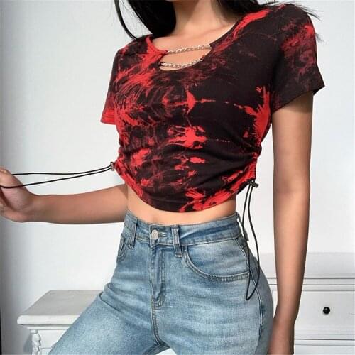 Woman Summer Diablo Punk Sexy Tie-Dye Drawstring Crop Top Chain Short Sleeve Slim Elastic T-Shirt Female Clothing