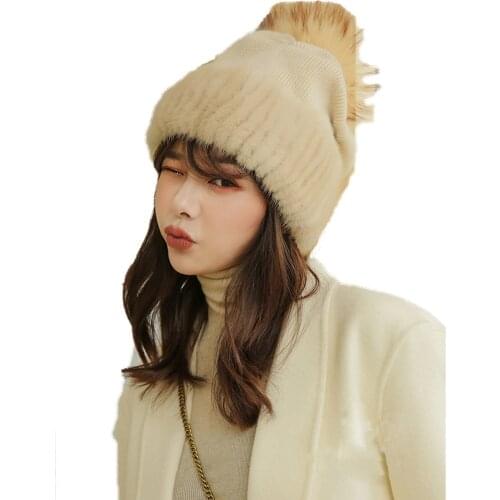 Women Real Mink Fur Brim Hats Winter Warm Cap With Fox Pompom Grey Black Beige