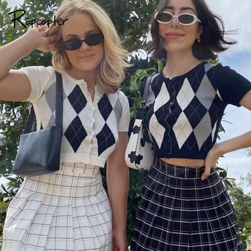 Rapcopter Argyle Printed Knitted Cardigans Y2K Retro Sweaters Preppy Style Jumpers Short Sleeve Knitwear Women Crop Top Outfits