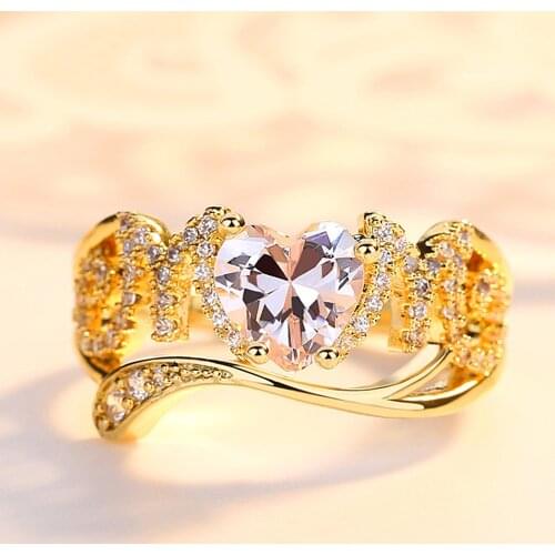 Beiver Golden Heart Rings Crystal Zircon Ring Christmas Gift for Women Wedding Jewelry Rings Best Gift Anniversary Gift