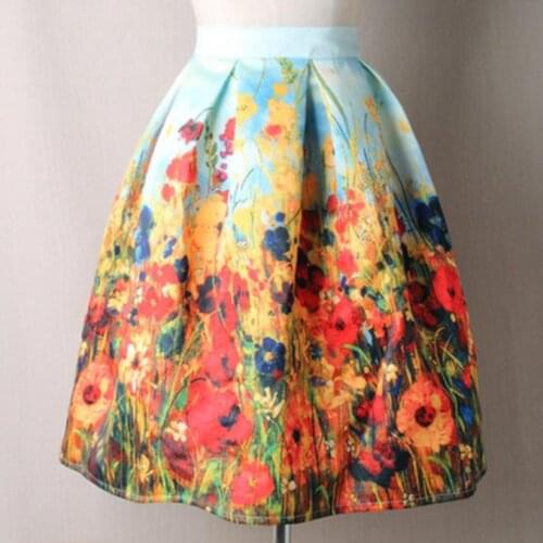 2020 Ladies Jacquard Flower Print Pleated Ball Gown knee length Skirts Womens Vintage Floral High Waist