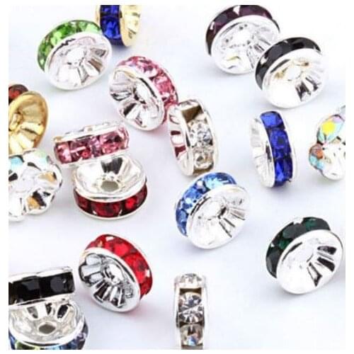 8mm 100pcs/lot white mixed multicolor d6532 glass Spacer Beads Lot round Metal silver Plated Rhinestone DIY making