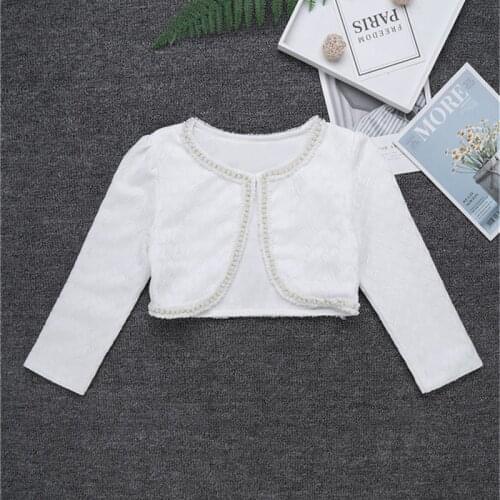 White Flower Girls Dress Long Sleeve Lace Beaded Wedding Wrap Short Jacket Kids One Button Closure Bolero Shrug Cardigan Top