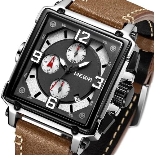 MEGIR Luxury Brand 2018 New Design Square Watches Men Quartz Leather Band Casual Military Sport Wristwatch relogio masculino