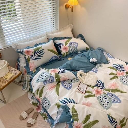 Korean Bedding Set Duvet Cover Bed Skirt Four-piece Twill Cotton Printed Lotus Leaf Lace Garden Flower Princess Style Bedding