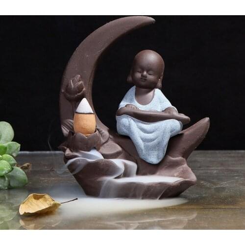 Creative Home Decoration Buddhist Incense Burner Small Buddha Ceramic Censer Little Monk Backflow Incense Holder Ceramic Craft