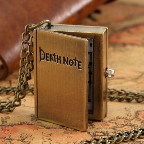 Mini Small Death Note Book Square Shape Quartz Pocket Watch Vintage Necklace Pendant Chain Jewelry for Children Kids Death Note