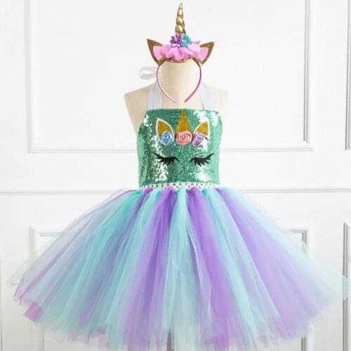 Mint Green Children Cosplay Clothing Sequined Girl Ball Gown with Hair Accessorie Cartoon New Style Toddler Baby Kids Tutu Dress