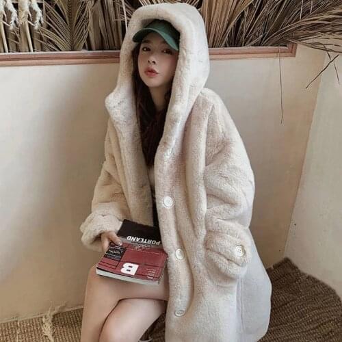 2021 Winter New Women Faux Rabbit Fur Coat Loose Long Fur Coat Large Size Hooded OverCoat Thick Warm Female Plush Coats