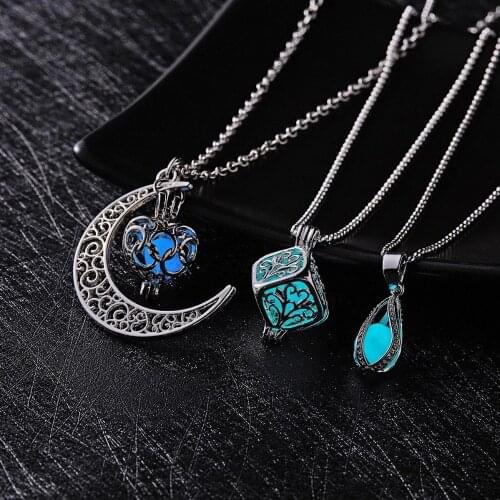 Charms Moon Star Square Love Heart Glow In The Dark Luminous Hollow Out Water Drop Pendant Necklace Glowing Jewelry Gift