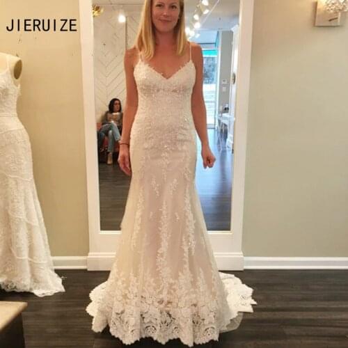 JIERUIZE Ivory Beach Lace Mermaid Wedding Dresses Spaghetti Straps Backless Sexy Beaded Bride Dress robe de mariee Wedding Gowns
