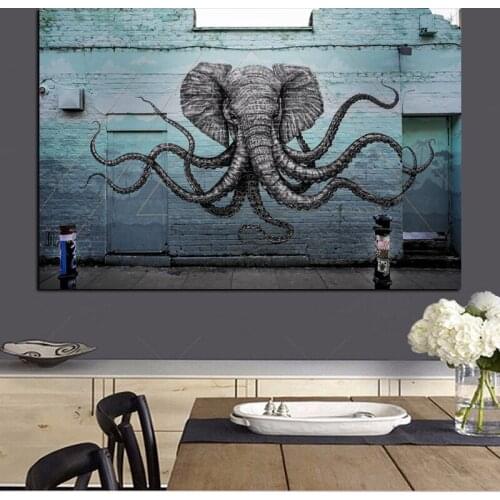 Mural of a Hybrid Elephant Octopus Creature Painting Print on Canvas Pop Art Animal Wall Picture for Living Room Cuadros Decor