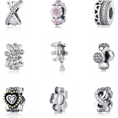 Original 100% 925 Sterling Silver Charm Bead Flower Love Hearts Spacer Charms Rose Gold Fit Bracelets Women DIY Jewelry