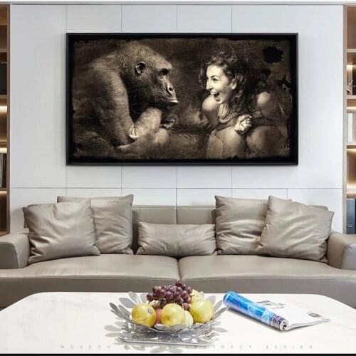 Modern Monkey with Woman Landscape Canvas Painting Wall Art Nordic Posters and Prints Wall Pictures for Living Room Decoration