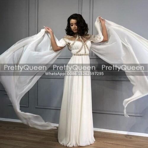 Unique White Chiffon Wedding Dress With Beads Appliques A Line Cape Cloak Off Shoulder Long Formal Dresses Bridal Gown