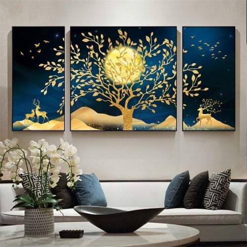 Light Luxury Landscape Deer Painting Canvas Painting Under The Moon Decorative Wall Art Picture for Living Room Home Decoration