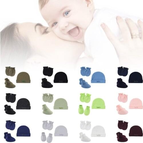 W3JF Baby Newborn Mittens Socks Warm Kit Infants Anti Scratching Cotton Gloves+Hat+Foot Cover Set