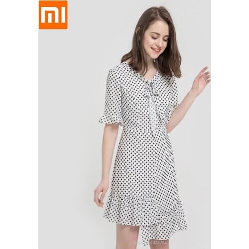Youpin 10:07 elegant Fashion Bow Waist woman girl Polka dot V-neck Refreshing comfortable Female summer for dress Smart home