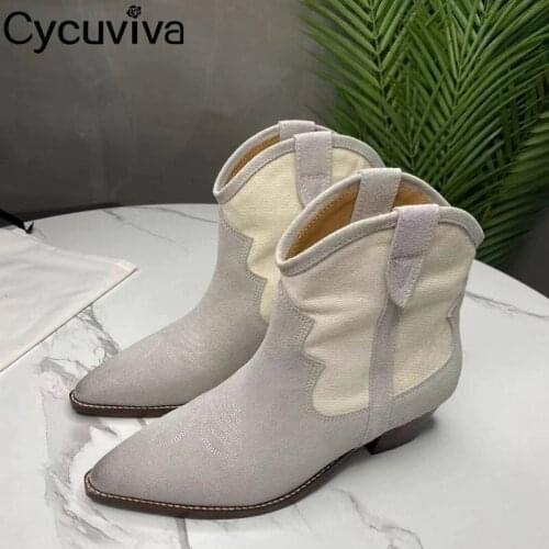 New 2021 Flock Patchwork Heels Women Boots Slip On Pointed Toe Female Shoes Casual Designer Shoes For Women Bottnes Winter Shoes