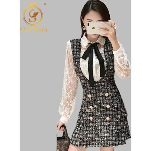 SMTHMA 2020 New arrival Spring 2 Piece Set Dress Women Bow Lace tops and blouses+Double Breasted Plaid Tweed Vest Dress Set