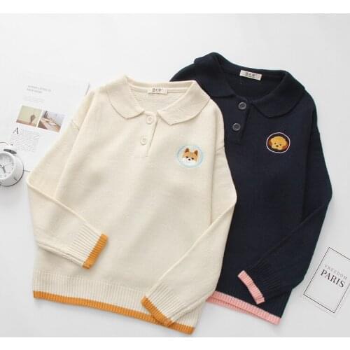 Preppy Style Cute Dog Embroidery Womens Loose Knitted Sweater Polo Collar Blouse Pullovers Long Sleeve Fall,Winter Shirt Fit