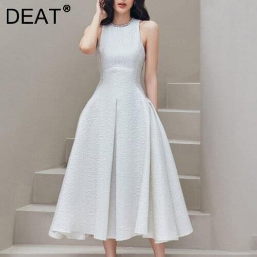 DEAT Woman Midi Dress Diamonds Round Collar Sleeveless Empire Waist Ball Gown Dresses Vintage Style 2021 New Summer 15XM108