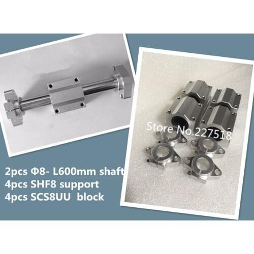 2pcs 8mm - L600mm Linear Round shaft + 4pcs SHF8 shaft support + 4pcs SCS8UU block bering