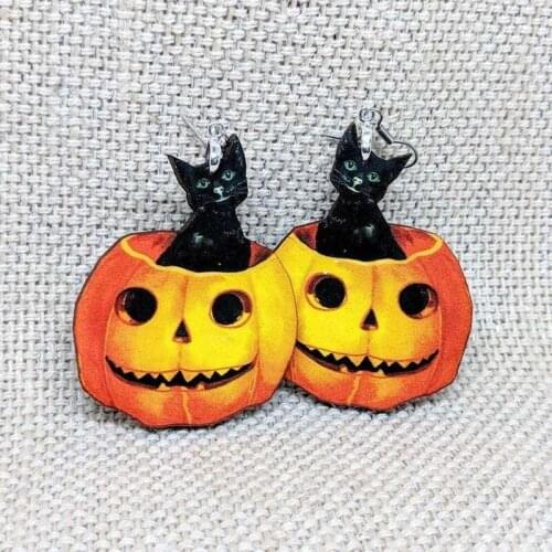 2020 Wholesale Cross-border New Halloween Accessories Wooden Cat Pumpkin Wooden Earrings 3D Printing Fun Pumpkin Earrings