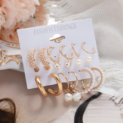 9Pairs/set Fashion Simulation Pearl Gold Color Geometric Circle Hoop Earrings Set For Women Vintage Trendy Earings Jewelry Gifts