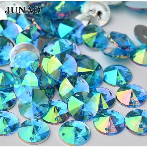 JUNAO 18mm Aquamarine AB Sewing Rhinestones Applique Large Flatback Acrylic Gems Round Crystal Stones Sew On Rivoli Beads