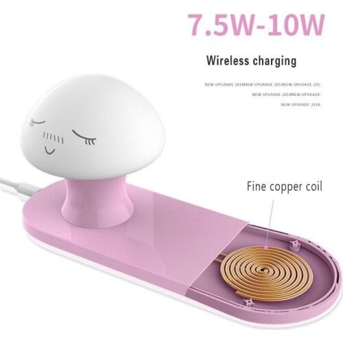 2-in-1 Quick Charge QI Wireless Charger Full Load Charge Pad with Small Mushroom Night Light Decoration for iPhone X XS MAX XR 8