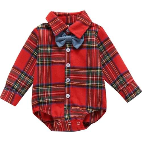 Citgeett Spring Autumn Baby Boys Toddler Red Plaid Button Long Sleeve Bodysuit Bow Tie Christmas Gentleman Clothes