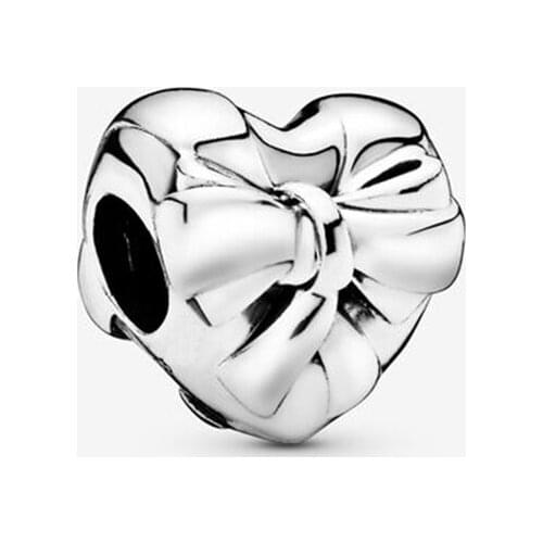Polished Heart Bow Charms 925 Sterling Silver Metal Beads Fit Pandora Bracelet for Women DIY Jewelry Making bijoux