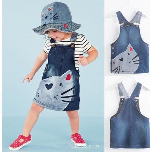 2-7Y Baby Girls Cat Denim Overalls Dresses Girl Braces Dresses Kids Clothes