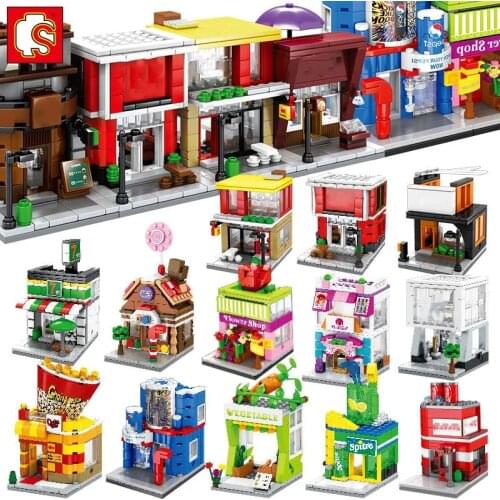 City Architecture Food Shop Retail Store Bricks Street View Restaurant House Set Model Building Blocks Toys For Girl