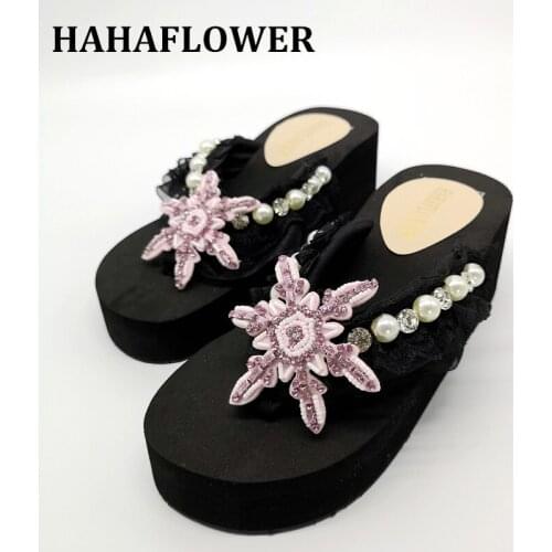 HAHAFLOWER New Summer Women Bow Slippers Bowknot Pearl Sandals Bathroom Slides Indoor Flip Flop Casual Beach Slippers